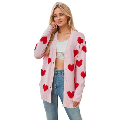 Cardigan Doux à Motifs Cœurs