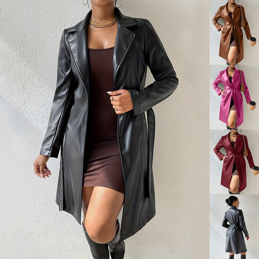 Trench-Coat Long en Similicuir – Élégance Intemporelle et Moderne