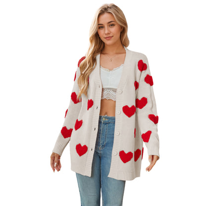 Cardigan Doux à Motifs Cœurs